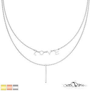 Rectangular Bar and "LOVE" Charm on Double Layered Stainless Steel Chain Necklac